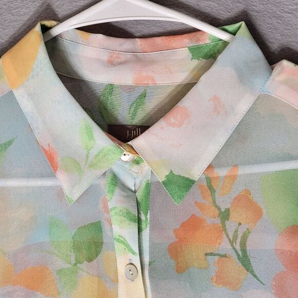 J.Jill Sheer Floral Button Front Blouse Womens M Colorful Long Sleeves Spring - Picture 4 of 13